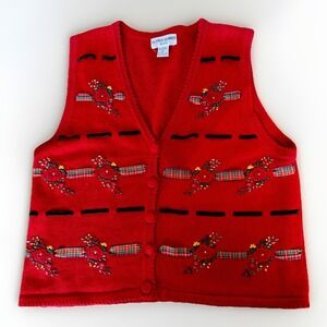 Alfred Dunner Petite Button Up Holiday Embroidered Red Cotton Sweater Vest PL